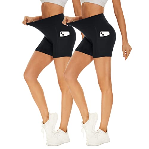 Missluck 2er Pack Radlerhose Damen Hohe Taille Kurze Sporthose Shorts Sommer Leggings Blickdicht Hotpants Unter Kleider für Yoga Sport, L-XL, Schwarz/Schwarz-mit Taschen von Missluck