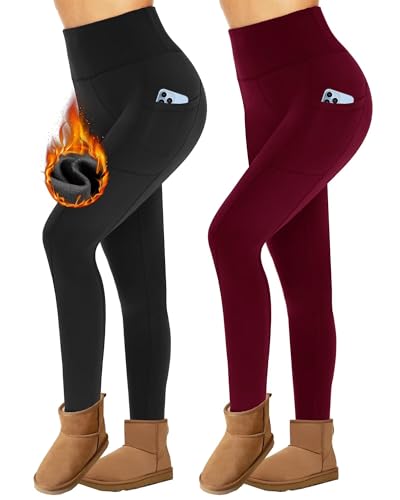Missluck 2er Pack Thermoleggings Damen Winter Mit Taschen, High Waist Thermohose Gefüttert Fleece Thermounterwäsche Für Sport Gym（Schwarz/Weinrot,XXL） von Missluck