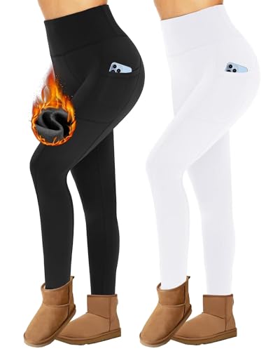 Missluck 2er Pack Thermoleggings Damen Winter Mit Taschen, High Waist Thermohose Gefüttert Fleece Thermounterwäsche Für Sport Gym（Schwarz/Weiß,S/M） von Missluck