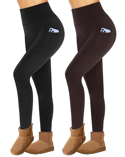 Missluck 2er Pack Thermoleggings Damen Winter Mit Taschen, High Waist Thermohose Gefüttert Fleece Thermounterwäsche Für Sport Gym（Schwarz/Kaffee,XXL） von Missluck