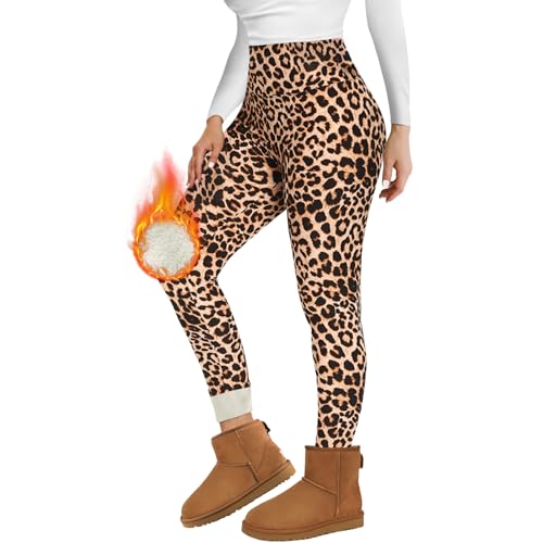 Missluck Thermo Leggings Damen Gefüttert Thermoleggings Verdickte Plüsch Thermohose Fleece Leggins Warme im Winter,Leopard,XXL von Missluck