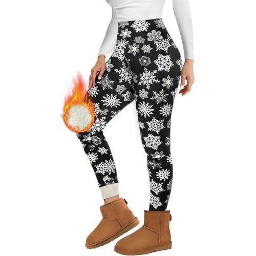 Missluck Thermo Leggings Damen Gefüttert Thermoleggins Verdickte Plüsch Thermohose Leggins Warme im Winter,Schneeflocken,M von Missluck