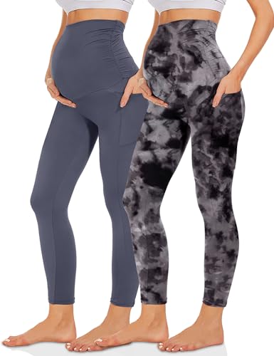 Missluck Umstandsleggings Blickdicht Damen Schwangerschaft Leggings Lang Mammy mit Taschen für Yoga(Dunkelgrau/Bedruckter Tie-Dye,L) von Missluck