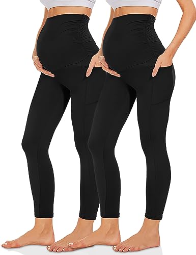 Missluck Umstandsleggings Blickdicht Damen Schwangerschaft Leggings Lang Mammy mit Taschen für Yoga(Schwarz*2,2XL) von Missluck