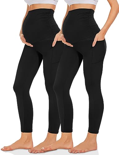 Missluck Umstandsleggings Blickdicht Damen Schwangerschaft Leggings Lang Mammy mit Taschen für Yoga(Schwarz*2,XL) von Missluck