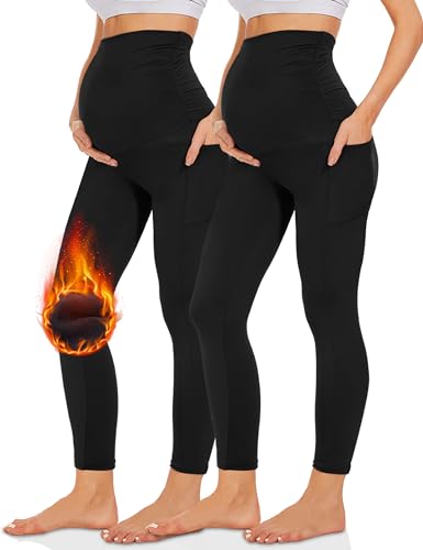 Missluck Umstandsleggings Blickdicht Damen Schwangerschaft Leggings Lang Mammy mit Taschen für Yoga(Schwarz*2-Thermo,S) von Missluck