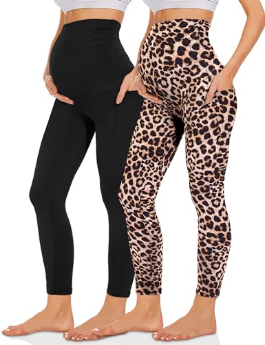 Missluck Umstandsleggings Blickdicht Damen Schwangerschaft Leggings Lang Mammy mit Taschen für Yoga(Schwarz/Leopard,M) von Missluck