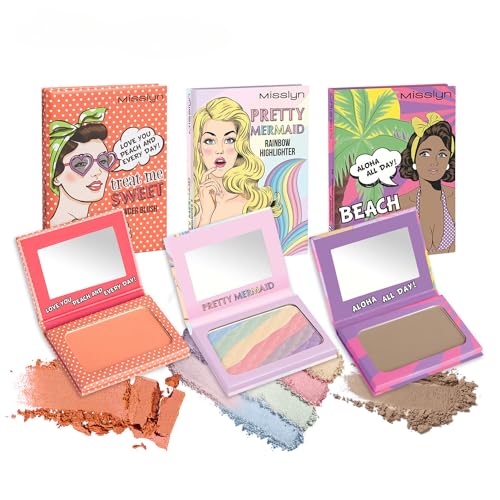 Misslyn | Blush Make-up Palette für Damen mit Spiegel, Volumengebendes und feuchtigkeitsspendendes Puder für Konturen des Gesichts - Set mit drei Paletten von Misslyn