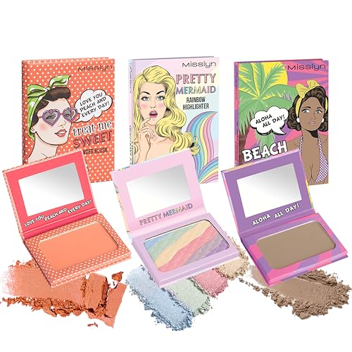 Misslyn Set mit 3 Make-up-Paletten für Damen, mit Spiegel, Rouge, Volumenpuder, feuchtigkeitsspendend von Misslyn