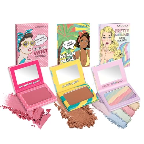 Misslyn Set mit 3 Make-up-Paletten für Damen, mit Spiegel, Rouge, Volumenpuder, feuchtigkeitsspendend von Misslyn