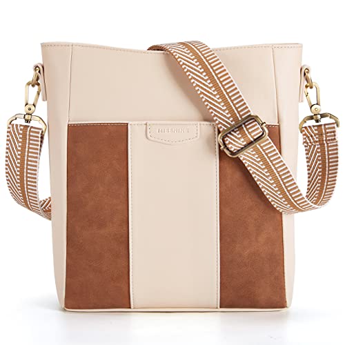 Missnine Damen-Handtasche mit Schulterriemen, elegant, schick, Eimer aus PU-Leder, mittelgroß, mit verstellbarem Gitarrengurt, mehrfarbiges Design, Braun + Beige von Missnine