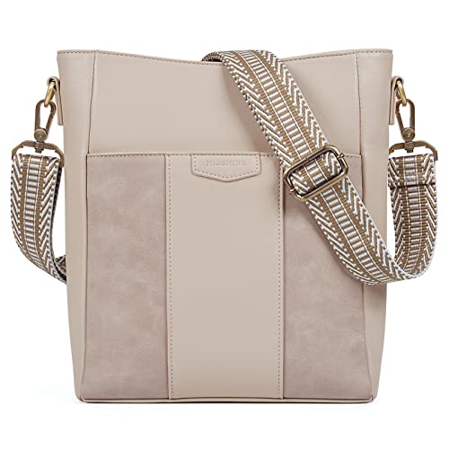 Missnine Damen-Handtasche mit Schulterriemen, elegant, schick, Eimer aus PU-Leder, mittelgroß, mit verstellbarem Gitarrengurt, mehrfarbiges Design, beige von Missnine