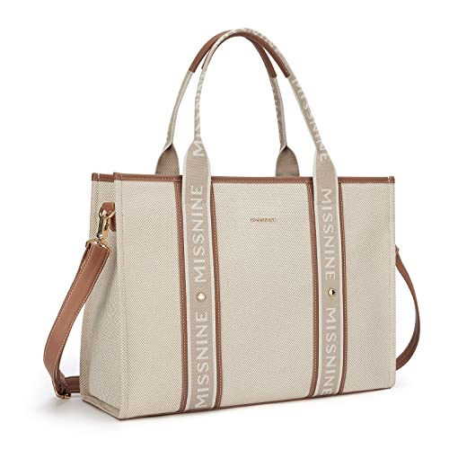 Missnine Einkaufstasche für Damen, aus Segeltuch, Handtasche für Laptop, 15,6 Zoll, Dokumententasche, Braun + Beige von Missnine