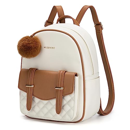 Missnine Mini-Rucksack für Damen, mit Bommel, niedlich, kleine Rucksäcke, Freizeit, Braun + Beige von Missnine