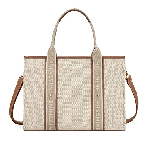 Missnine Tragetasche Canvas-Laptoptasche 15,6 Zoll Aktentasche für Damen große Kapazität Handtasche für Büro Schule Reisen Braun Beige von Missnine