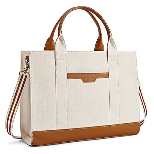 Missnine Tragetasche Canvas-Laptoptasche 15,6 Zoll Aktentasche für Damen große Kapazität Handtasche für Büro Schule Reisen Schwarz Beige von Missnine