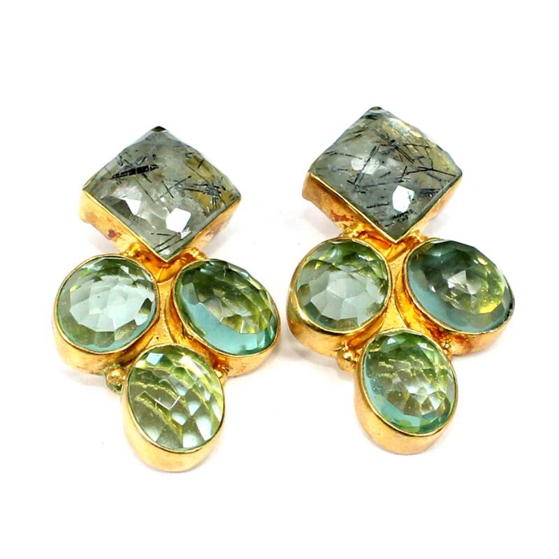 Handgemachte Vergoldete Edelsteinohrringe Mit Schwarzer Rutil Und Blautopas von MissomaSantiago