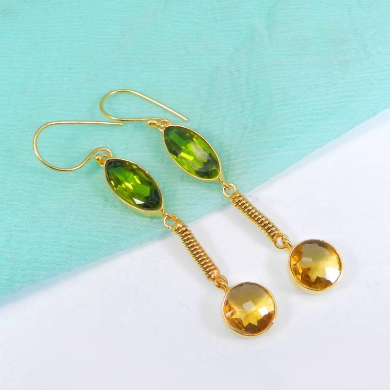 Messing Vergoldet Baumeln Ohrringe, Frauen Edelstein Peridot & Citrin Handgemachte Geschenk Für Sie von MissomaSantiago