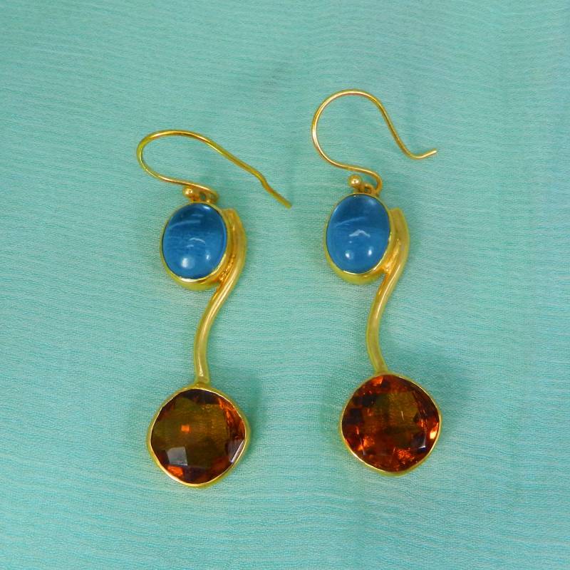 Oval Blautopas Ohrringe - Citrin Ohrringe-Edelstein Baumeln Ohrringe- Gold Messing Topas Schmuck- Party von MissomaSantiago