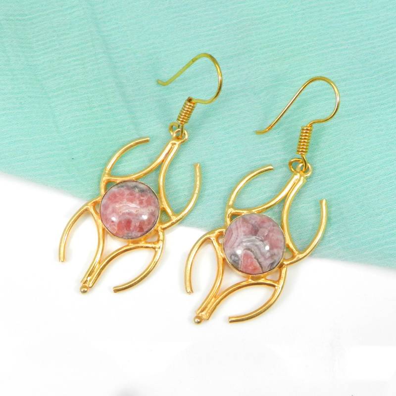 Rhodochrosit Edelstein Frauen Ohrringe, Mode Messing Schmuck Vergoldet Partywear Ohrringe von MissomaSantiago