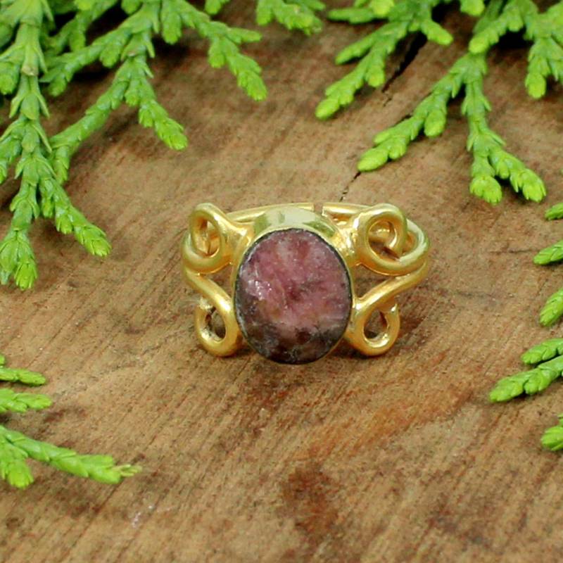 Rhodonit Ring-Rhodonit Schmuck-Split Band-Messing-Vergoldet Messing-Rosa Stein-Handmade-Verstellbarer Ring-Ovaler Stein-Männer Frauen von MissomaSantiago