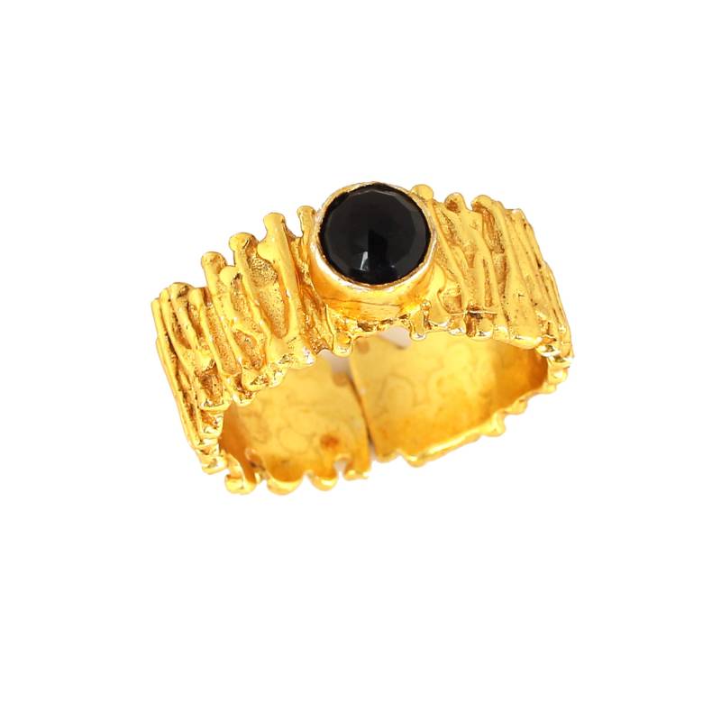 Schwarzer Onyx Ring, Vergoldeter Designer Runder Stein Edelstein Ring Verstellbar, Verlobungsring, Ehering von MissomaSantiago