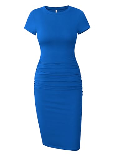 Damen Bodycon Etuikleid Elegant Knielang Kleider Rüschen Kleid eng (M, Blau) von Missufe