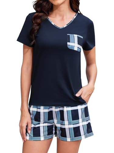 Missufe 2 Teiler Sommer Pyjama Set Damen Top und Shorts Schlafanzug Kurze Hose Nachtwäsche Zweiteiliger Lockeres Hausanzug (Marineblau kariert, groß) von Missufe