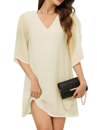 Missufe 3/4 Ärmel Eleagnt Chiffon Minikleid Damen Sommerkleid Kurzes V Ausschnitt Kleider (Aprikose, XX-Large) von Missufe