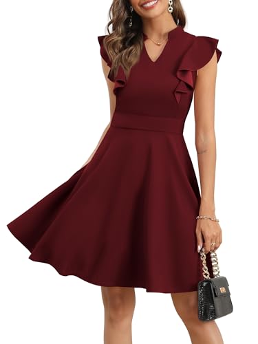 Missufe A Linien Cocktailkleid Elegant Skaterkleid Damen Abendkleid Partykleid Rockabilly Swing Hochzeit Festlich V-Ausschnitt Rüschenkleid (Burgunderrot, X-Large) von Missufe