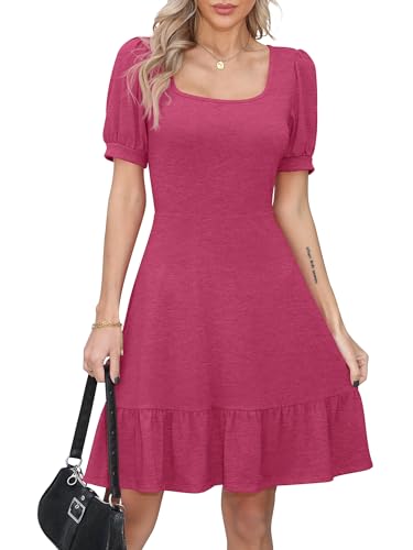 Missufe A Linien Kurzarm Swing Freizeitkleider Damen Sommerkleid Skaterkleid Puffärmel Rüschenkleid (Heißes Rosa, Medium) von Missufe