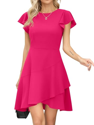 Missufe A Linien Rüschen Skater Partykleid Damen Abendkleid Cocktailkleid Rundhalsausschnitt Flatterärmel Kurz Kleider (Heißes Rosa, groß) von Missufe