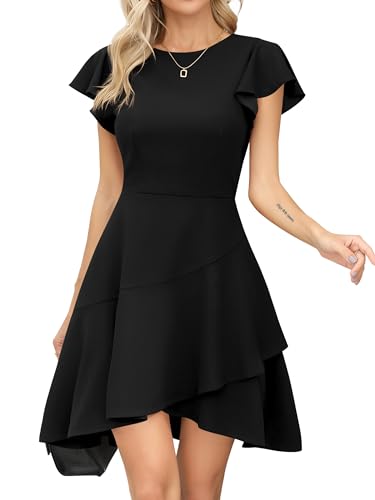 Missufe A Linien Skater Kurz Abendkleid Damen Flatterärmel Cocktailkleid Rundhalsausschnitt Rüschen Partykleid (Schwarz, groß) von Missufe