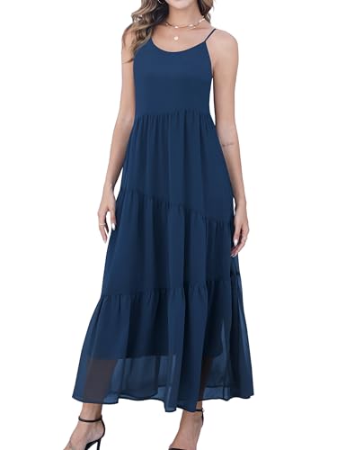 Missufe Ärmellos Spaghettiträgern Gestufte Langes Freizeitkleid Damen Chiffon Strandkleid Sommer Maxikleid Trägerkleid Kleider (Königsblau, mittel) von Missufe