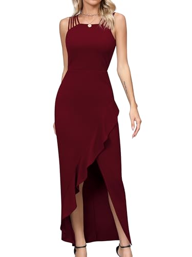 Missufe Abendkleid Cocktailkleid Hochzeit Lang Partykleid Damen Maxikleid Elegant Bodycon Festlich Schlitz Rüschenkleid (Weinrot, X-Large) von Missufe