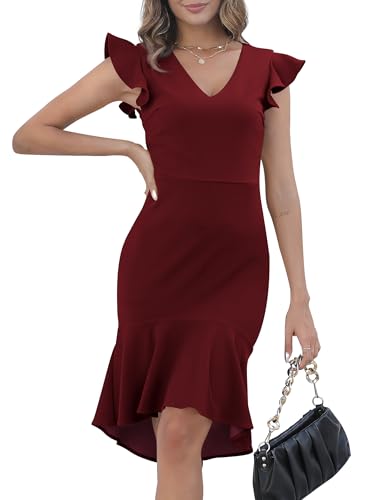 Missufe Abendkleid Midikleid Festlich V-Ausschnitt Meerjungfrauenkleid Damen Cocktailkleid Partykleid Elegant Brautjungfernkleid Hochzeit Bodycon High Low Rüschenkleid (Weinrot, X-Large) von Missufe