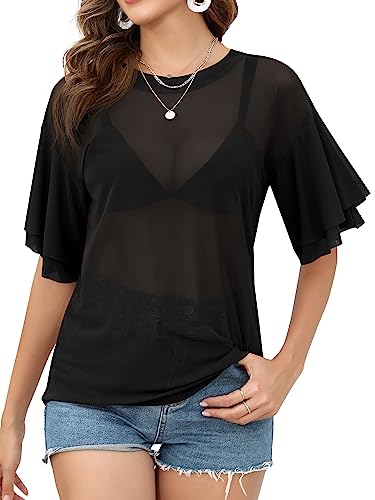 Missufe Bell Sleeve Sheer T-Shirt Tops Damen Halbarm Mesh Loose Casual Tops (Schwarz, Groß) von Missufe