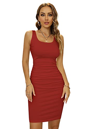 Missufe Bleistiftkleid Bodycon Freizeitkleid Knielanges Kleider Damen Enges Figurbetontes Sommerkleid (Dunkelrot, X-Large) von Missufe