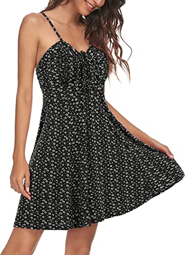 Missufe Blumenkleid Sommerkleid Spaghettiträger Swing Freizeitkleid Damen Cami Kleider (Schwarz, X-klein) von Missufe