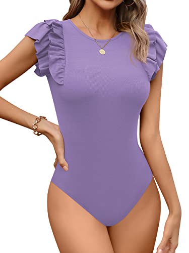 Missufe Body Damen Bodysuit Elegant Rundhals Damen Rüschen Kurzarm Top (Lila, Groß) von Missufe