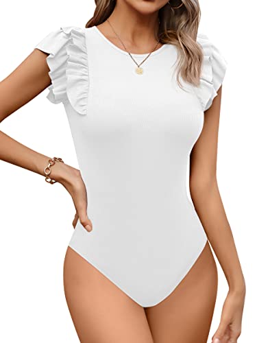 Missufe Body Damen Bodysuit Elegant Rundhals Damen Rüschen Kurzarm Top (Weiß, Klien) von Missufe