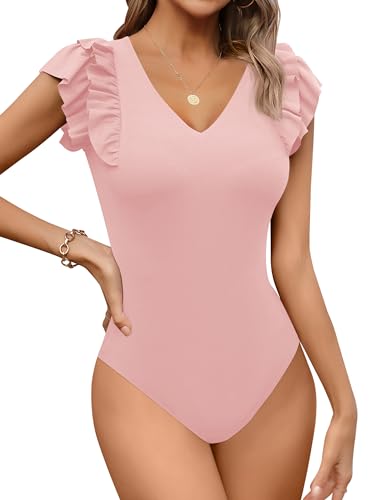 Missufe Body Elegant Kurzarm Sommer Top Damen Rüschen V Ausschnitt Oberteil (Rosa, Groß) von Missufe