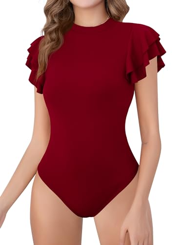 Missufe Body Oberteile Stricktop Elegant Bodysuit Damen Stehkragen Rüschen Kurzarm Top (Rot, Mittel) von Missufe