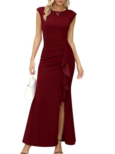 Missufe Bodycon Cocktail Hochzeit Festlich Ballkleid Damen Maxi Abendkleider Flügelärmel Rüsche Schlitz Meerjungfrau Kleid (Burgunderrot, X-groß) von Missufe