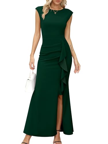 Missufe Bodycon Hochzeit Festlich Rüsche Ballkleid Damen Abendkleider Maxi Flügelärmel Schlitz Meerjungfrau Cocktail Kleid (Dunkelgrün, X-groß) von Missufe