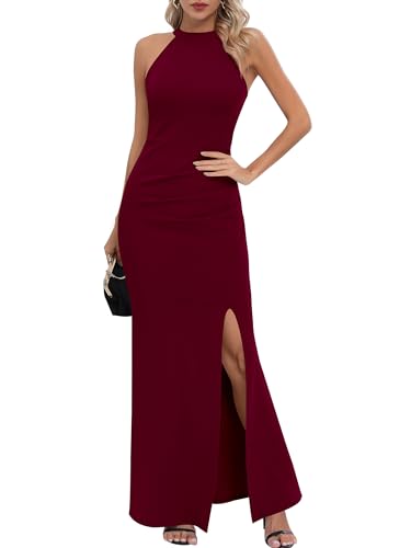 Missufe Bodycon Maxikleid Partykleid Lang Ballkleider Damen Schlitz Elegant Neckholder Ärmelloses Abendkleid (Burgunderrot, Mittel) von Missufe