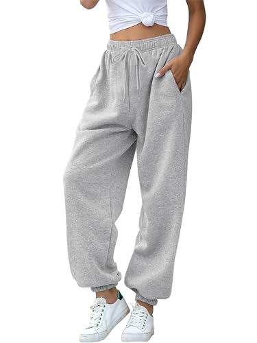 Missufe Cinch Bottom mit Taschen Sweatpants Damen Trainingshose Lang Jogginghose Freizeithose Hohe Taille Sporthose (Heidekraut Grau, Mittel) von Missufe