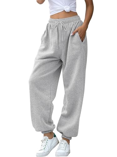 Missufe Cinch Bottom mit Taschen Sweatpants Damen Trainingshose Lang Jogginghose Freizeithose Hohe Taille Sporthose (Heidekraut Grau, X-klein) von Missufe