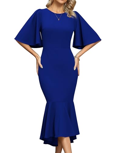 Missufe Cocktail Festlich Meerjungfrau Bodycon Abendkleid Damen Rundhalsausschnitt Ausgestelltes Kurzarm Figurbetont Midi Ballkleid (Blau, X-groß) von Missufe