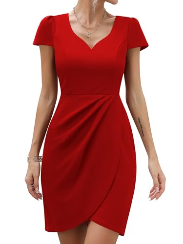 Missufe Cocktailkleid Bodycon Partykleid Wickelkleid Minikleid Damen Hochzeitsgast Elegant Sommerkleid Figurbetontes Enges Kleider (Rot, groß) von Missufe